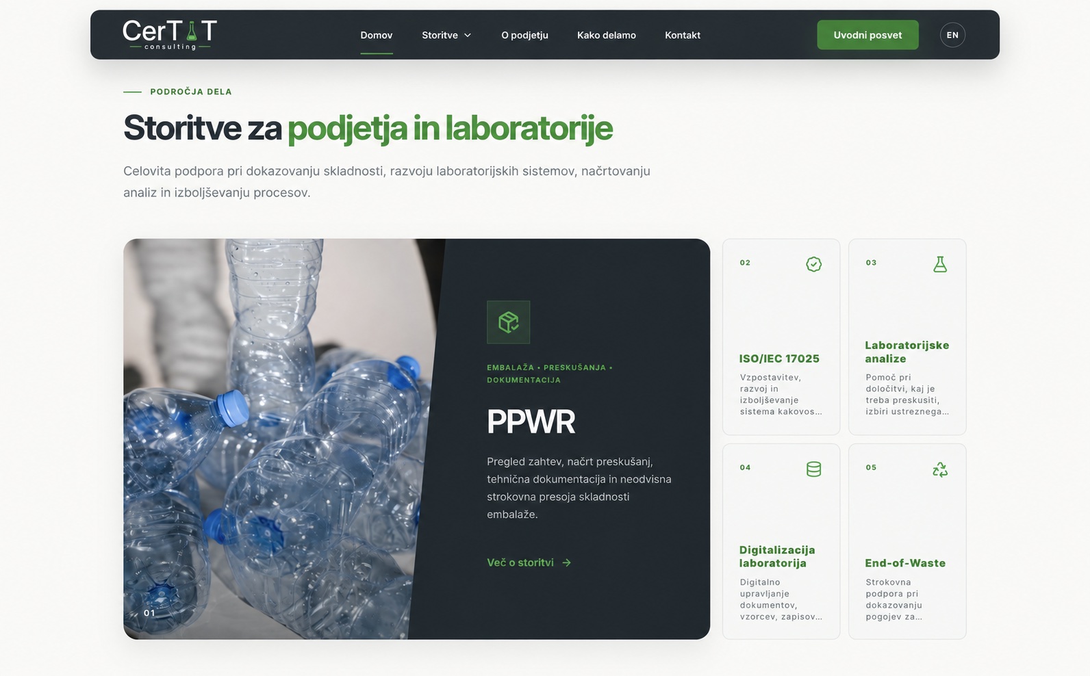 Pregled storitev CerTIT consulting s področji PPWR, ISO IEC 17025 in laboratorijskih analiz