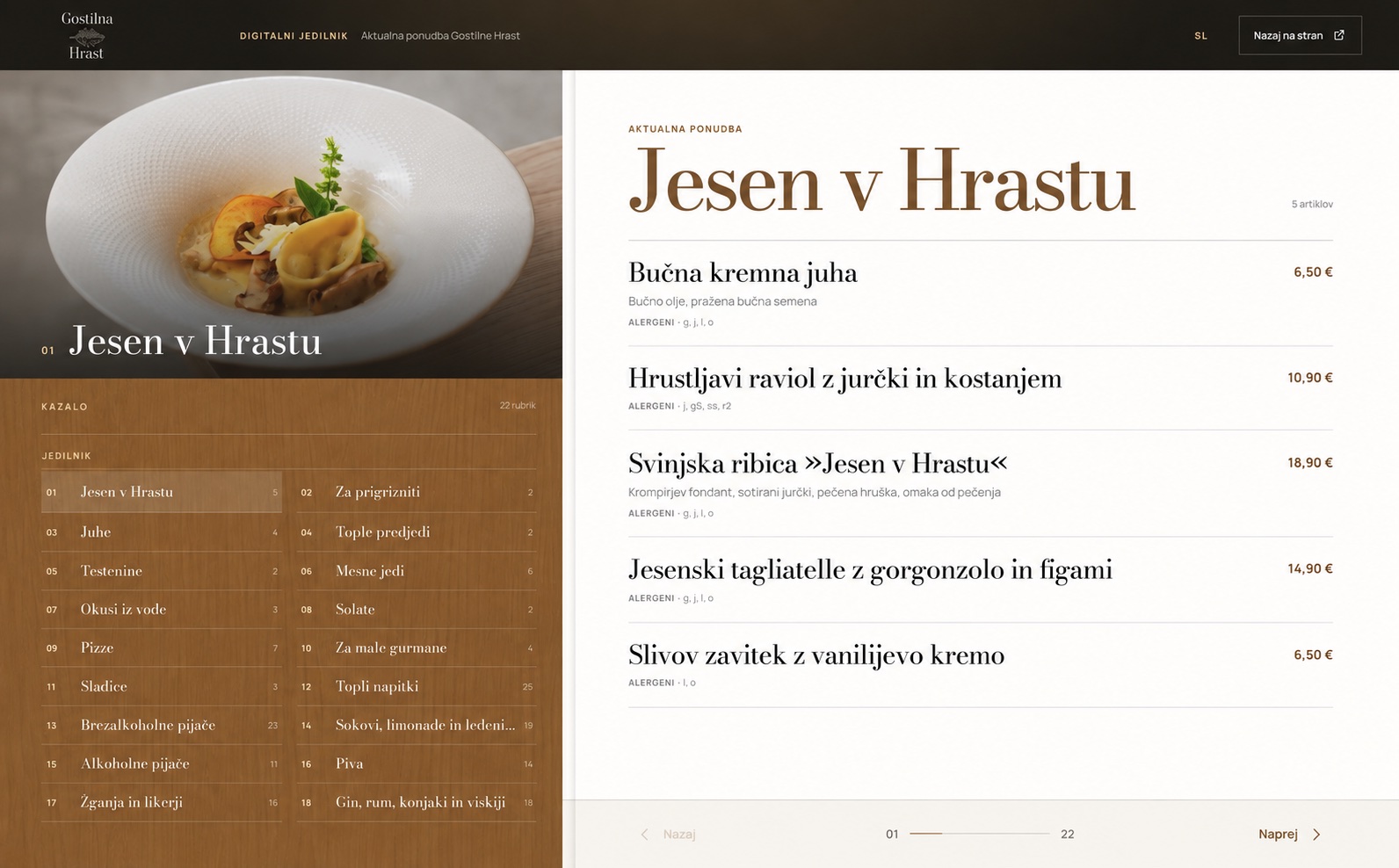 Digitalni jedilnik Gostilne Hrast z jesensko ponudbo, cenami in kazalom rubrik
