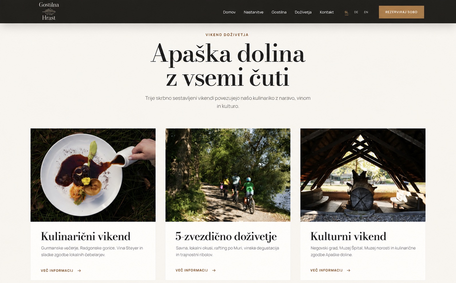 Javna stran Gostilne Hrast s predstavitvijo treh vikend doživetij v Apaški dolini