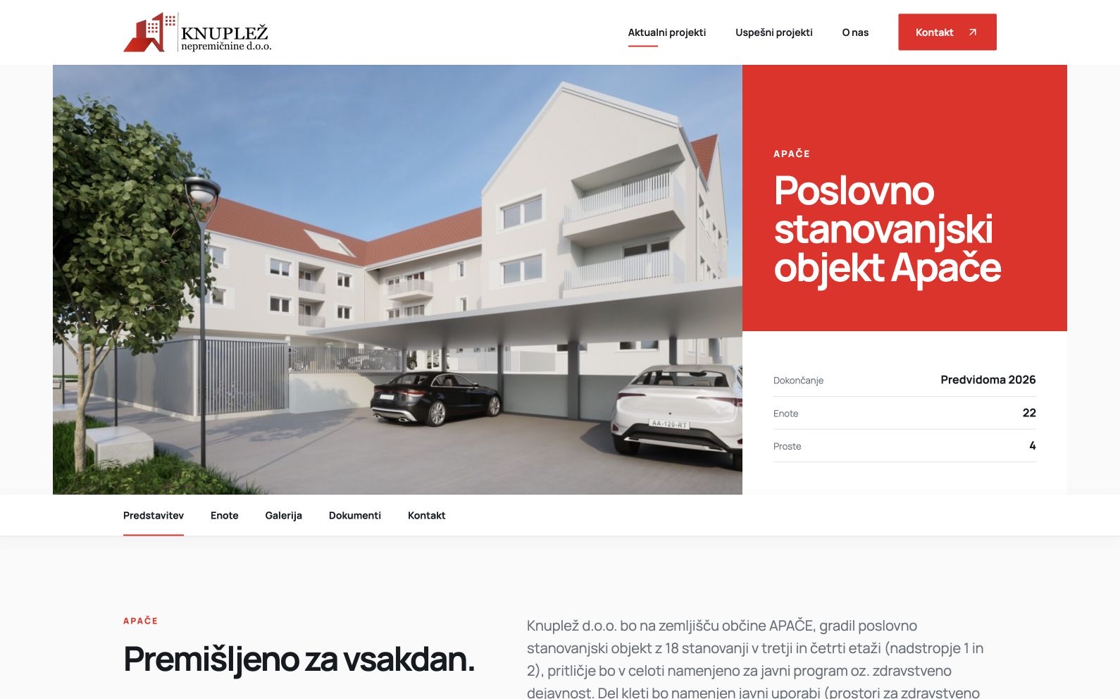 Projektna stran Knuplež s predstavitvijo poslovno-stanovanjskega objekta Apače