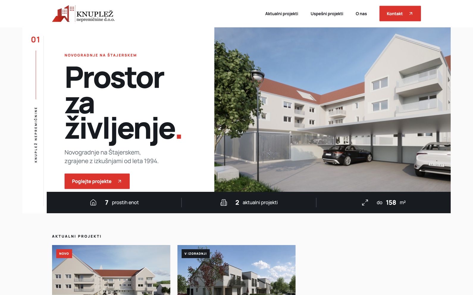 Uvodna stran Knuplež nepremičnine s predstavitvijo novogradenj in aktualnih projektov